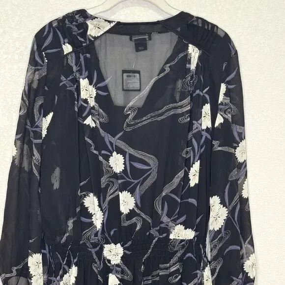Club Monaco Roanna Dress Womens 4 Black Floral Silk Long Sleeve Mini Boho Chic - Picture 11 of 14